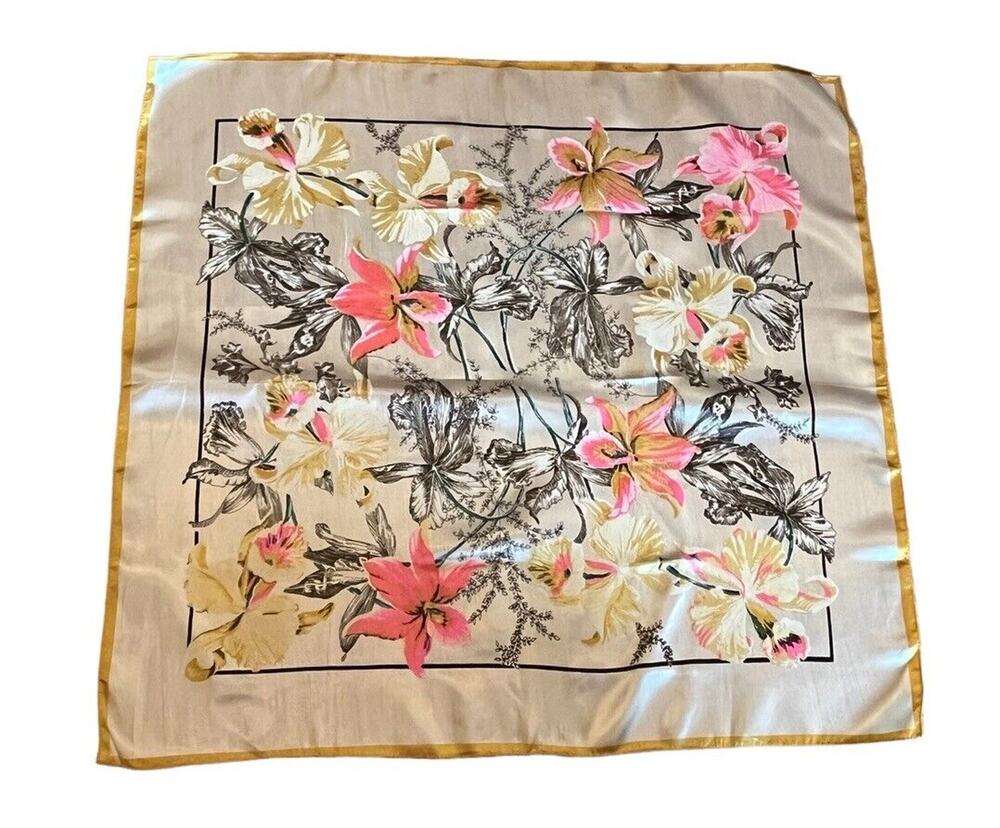 Vintage Scarf Yellow Pink Flowers Large 33.5 X 32” Silky Feel New Old Stock